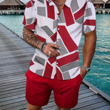 Riolio Men's Geometric Pattern Print Collar Short Sleeve Shirt and Solid Color Shorts Casual Two-Piece Set