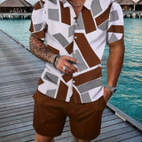 Riolio Men's Geometric Pattern Print Collar Short Sleeve Shirt and Solid Color Shorts Casual Two-Piece Set