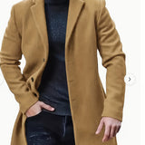 Riolio Men'S Casual Midi-Length Blend Coat, Polyester Lined, Non-Stretch Fabric, Solid Color, Long Sleeve, with Slit Hem, Single Breasted Placket, Lapel Collar, for Fall/Winter Collection