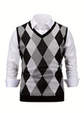 Riolio Men's Argyle Graphic Print Knitted Sleeveless Sweater, Casual V Neck Vest For Outdoor Activities