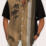 Riolio Plus Size Men's Vintage Palm Tree Stripe Print Striped Short Sleeve Shirt With Pocket, Retro Style
