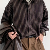 Riolio Vintage Lapel Collar Polyester Long Sleeve Striped Shirt, Single Breasted Placket, Regular Fit, Weekend Casual, for Men and Women