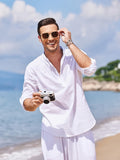 Riolio Men'S Casual Linen Roll Up Long Sleeve Shirt Cotton Shirts Henley T-Shirt Collar Vacation Tops