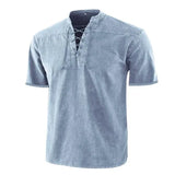 Riolio  T Shirt Men Stand Collar Front Lace Up Short Sleeve V Neck Slim T Shirt Streetwear for Daily Wear Solid Retro Casual Tops Tees