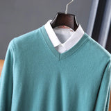 Riolio Men Sweaters 100% Pure Australian Wool Knitting Pullovers Winter Long Sleeve Vneck Solid Color Jumpers Male Woolen Clothes