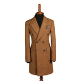 Riolio  Men Wool Overcoat Double-breasted 6 Button Peak Lapel Suit Long Outwear Jacket Fashion Brown Long Coat