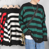 Riolio Preppy Retro Striped Pattern Knitted Sweater, Men's Casual Warm Slightly Stretch Crew Neck Pullover Sweater For Men Fall Winter