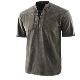 Riolio  T Shirt Men Stand Collar Front Lace Up Short Sleeve V Neck Slim T Shirt Streetwear for Daily Wear Solid Retro Casual Tops Tees