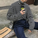 Riolio Spring Autumn Turtleneck Striped T-shirts Men Slim Fit Casual All-match Undershirts Long Sleeve Tops Couples Korean Fashion Tees