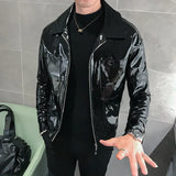 Riolio Shiny Leather Jacket Men's Stage Costume Red Black Brown Nightclub Club Men's Leather Jacket Solid Color Slim Men's Jacket Coats