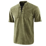 Riolio  T Shirt Men Stand Collar Front Lace Up Short Sleeve V Neck Slim T Shirt Streetwear for Daily Wear Solid Retro Casual Tops Tees