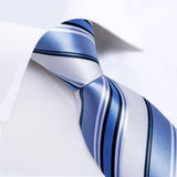 Riolio New Classic 8cm Wide Men's Blue White Striped Silk Ties Set Business Wedding Tie Pocket Square Cufflinks Gifts For Men