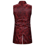 Riolio Wine Red Paisley Jacquard Long Vest Men Double Breasted Lapel Brocade Vest Waistcoat Mens Gothic Steampunk Sleeveless Tailcoat