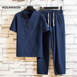 Riolio (Shirt + trousers) 2025 summer men shirt Man Cotton and linen shirts Short sleeve men's casual shirts men A set of clothes M-5XL