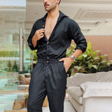 2024 Men Solid Color Jumpsuit Playsuit  Buttons Casual Cargo Clothes Overalls Turn Down Collar Long Sleeve Oversized Waist Pants