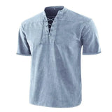 Riolio  T Shirt Men Stand Collar Front Lace Up Short Sleeve V Neck Slim T Shirt Streetwear for Daily Wear Solid Retro Casual Tops Tees
