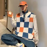 Riolio Checkered Plaid Sweater Vests Men Fashion Panelled Oversize Autumn Warm Sleeveless Jumpers Male V-neck Retro Ins Korean Knitwear