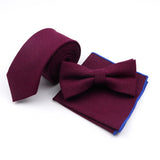 Riolio  Winter Men's Designer Solid Color Linen Cotton Necktie Pocket Square Bowtie Set Skinny Red Brown Green Blue For Men Wedding Tie