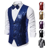 Riolio Shiny Royal Blue Sequin Dress Vests Men Slim Fit V Neck Glitter Tuxedo Waistcoat Mens Wedding Party Stage Prom Vest with Bowtie