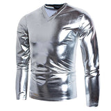 Riolio Men's V Neck Sliver Metallic Shiny T Shirt Disco Nightclub Prom Long Sleeve Tshirt Homme Hip Hop Halloween Carnival Streetwear
