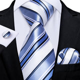 Riolio New Classic 8cm Wide Men's Blue White Striped Silk Ties Set Business Wedding Tie Pocket Square Cufflinks Gifts For Men