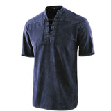 Riolio  T Shirt Men Stand Collar Front Lace Up Short Sleeve V Neck Slim T Shirt Streetwear for Daily Wear Solid Retro Casual Tops Tees