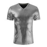 Riolio Silver Plaid Metallic Nightclub Wear Tshirt Men Sexy New Disco Party Stage Prom Tshirts Men Slim Fit V Neck Tee Shirt Homme