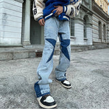 Riolio Harajuku Stars Letter Embroidery Patchwork Straight Flare Jeans Pants Mens Retro Ripped Oversized Casual Denim Trousers