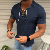 Summer New Fashion Men Denim T-shirt Lace Up tassel Short Sleeved V-neck Hollow Out Solid Casual Jeans Top Oversized Clothes