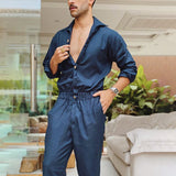 2024 Men Solid Color Jumpsuit Playsuit  Buttons Casual Cargo Clothes Overalls Turn Down Collar Long Sleeve Oversized Waist Pants