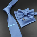 Riolio  New Men's Tie Bowtie Set Luxury Business Worker Blue Black Solid Color Silk Polyester Jacquard Woven Necktie Suit Wedding Party