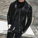 Riolio Shiny Leather Jacket Men's Stage Costume Red Black Brown Nightclub Club Men's Leather Jacket Solid Color Slim Men's Jacket Coats