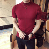 Riolio 7 Colors Half High Collar Men T-shirt New Spring Short Sleeve  Solid Color Sweater Pullover T Shirt Slim Knitted Tees Top