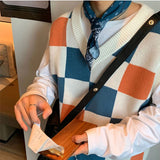 Riolio Checkered Plaid Sweater Vests Men Fashion Panelled Oversize Autumn Warm Sleeveless Jumpers Male V-neck Retro Ins Korean Knitwear