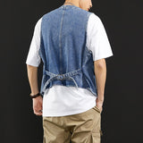 Riolio Spring Summer New Men Denim Vest Jacket Fashion Loose Personality Back Strap Casual Blue Male Sleeveless Jean Coat