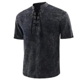 Riolio  T Shirt Men Stand Collar Front Lace Up Short Sleeve V Neck Slim T Shirt Streetwear for Daily Wear Solid Retro Casual Tops Tees