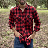 Riolio New Men Casual Plaid Flannel Shirt Long-Sleeved Chest Two Pocket Design Fashion Printed-Button (USA SIZE S M L XL 2XL)