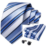 Riolio New Classic 8cm Wide Men's Blue White Striped Silk Ties Set Business Wedding Tie Pocket Square Cufflinks Gifts For Men