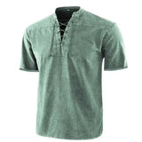 Riolio  T Shirt Men Stand Collar Front Lace Up Short Sleeve V Neck Slim T Shirt Streetwear for Daily Wear Solid Retro Casual Tops Tees