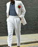 Riolio  2 Pieces Men Suit White Color Beach Wedding Formal Suits Peak Lapel Jacket Pants Causal  Prom