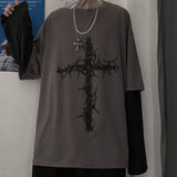 Riolio Vintage Cross Printing T-shirt Men Hip-pop Youth Long Sleeve Tshirt Dark Academia Outwear Tees New Fashion Harajuku Fake 2-piece
