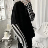 Riolio Cool Striped Patchwork T-Shirt Men Autumn Oversize Tops Boys Solid Long Sleeve T Shirt Fashion Japanese Gothic Japan T Shirt