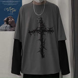 Riolio Vintage Cross Printing T-shirt Men Hip-pop Youth Long Sleeve Tshirt Dark Academia Outwear Tees New Fashion Harajuku Fake 2-piece