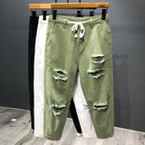 Riolio Japanese Trend New Men's Ripped Hole Jeans White Green Black Ankle Length Youth Fashion  Loose  Denim Harem Cargo Pants