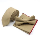 Riolio  Winter Men's Designer Solid Color Linen Cotton Necktie Pocket Square Bowtie Set Skinny Red Brown Green Blue For Men Wedding Tie