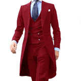 Riolio New Fashion Long Coat Designs Burgundy Men Suit Gentle Men Tuxedo Prom Wedding Blazer Custom 3 Pieces (Jacket+vest+Pants)