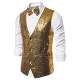 Riolio Shiny Royal Blue Sequin Dress Vests Men Slim Fit V Neck Glitter Tuxedo Waistcoat Mens Wedding Party Stage Prom Vest with Bowtie