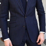 Riolio 2 Piece Pinstripe Men's Suit Slim Fit for Formal Wedding Tuxedo Notched Lapel Navy Blue Striped Business Groom Male Fashion