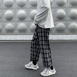 Riolio Men Casual Pants Plaid Ankle Length Loose Wide Leg All-match Elastic Waist Fashion Trousers Streetwear Harajuku Korean Retro Ins