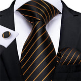 Riolio Designer Mens Wedding Tie Gold Black Striped Silk Neck Ties For Men Hanky Cufflinks Set Business Party Gravatas